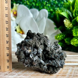 Op de afbeelding: Een cluster van zwarte en zilveren dendritische agaat, ongeveer 6,5 cm lang. De agaat heeft een ruw, getextureerd oppervlak en is een natuurlijke kristal.