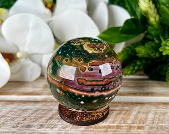 Colorful Orbicular Ocean Jasper Sphere with Geode Pocket, Crystal Ball, Home Decor
