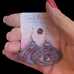 original design enamel earrings, boho style, fat teardrop with oval cutout, enamel on copper, dark red and blue enamel, looks purple,