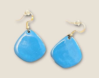 U. S. made earrings, handmade earrings, original earrings, enamel earrings, rounded triangle earrings, glass on copper earrings