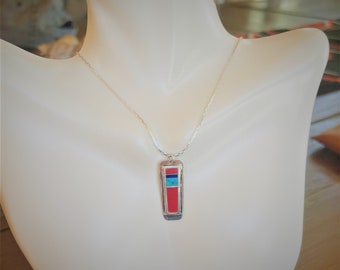stone inlay pendant necklace in sterling silver setting silver plated 20-inch chain red royal blue and turquoise blue