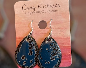 Handcrafted Fused Glass Enamel Earrings, Sterling Silver, Teardrop Boho Design