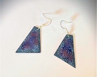 enamel dangle earrings, trapezoid shape, blues and reddish colors, sterling ear wires, gift for her, Mother's Day gift