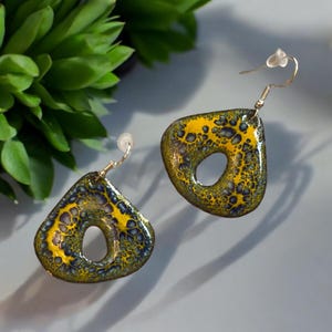 enamel earrings, handmade enamel earrings, gift for her earrings, original design, handcrafted, made in the USA, dangle earrings, glass