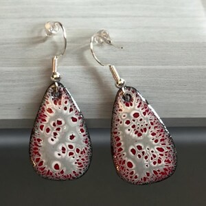enamel earrings, original design, handcrafted, handmade, made in the USA, sterling ear wires, gray and red enamel, gift for her, boho