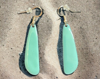 elongated enamel earrings, greenish turquoise in color, dangle earrings, sterling ear wires