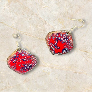 enamel earrings, red and blue enamel earrings, fused glass earrings, original design earrings, boho earrings, made in USA earrings