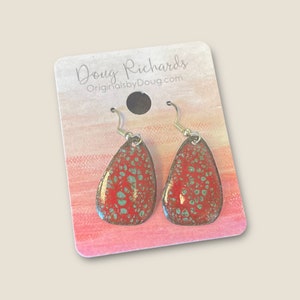 enamel earrings, red and turquoise earrings, teardrop earrings, original design earrings, handmade in the US earrings, fused glass earrings