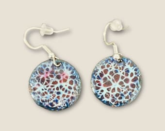 enamel earrings, round enamel earrings, original enamel earrings, handmade in the U. S. earrings, boho hippie style earrings, gift for her