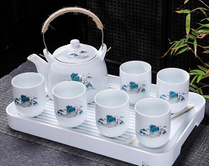 Creative landscape ceramic Kung Fu tea set | Retro white porcelain tea set | Tea party tea set | Afternoon tea tea set