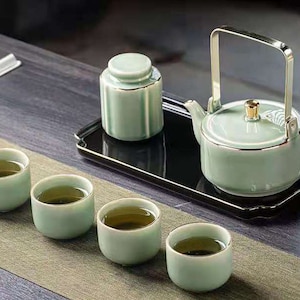 Ceramic Tea SetTea Set HomeSimple CeladonKung Fu Tea SetLuxury Gold Painting Tilting PotVintage Tea SetCustomized Gifts image 1