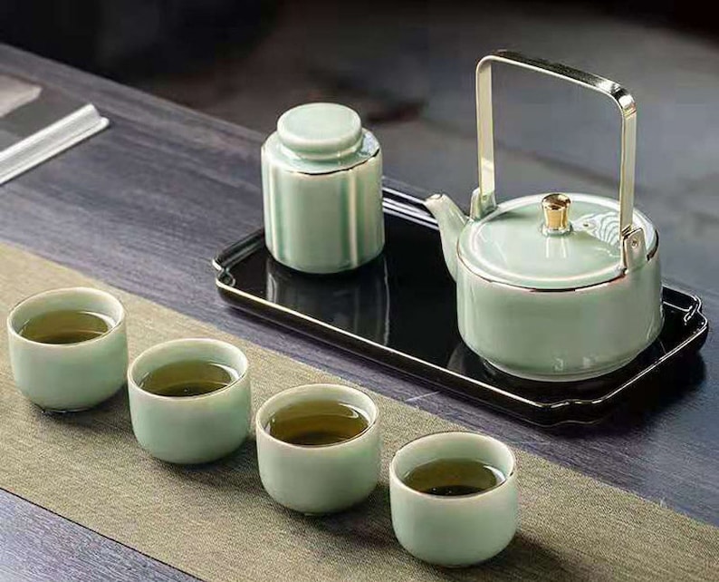 Ceramic Tea SetTea Set HomeSimple CeladonKung Fu Tea SetLuxury Gold Painting Tilting PotVintage Tea SetCustomized Gifts image 1