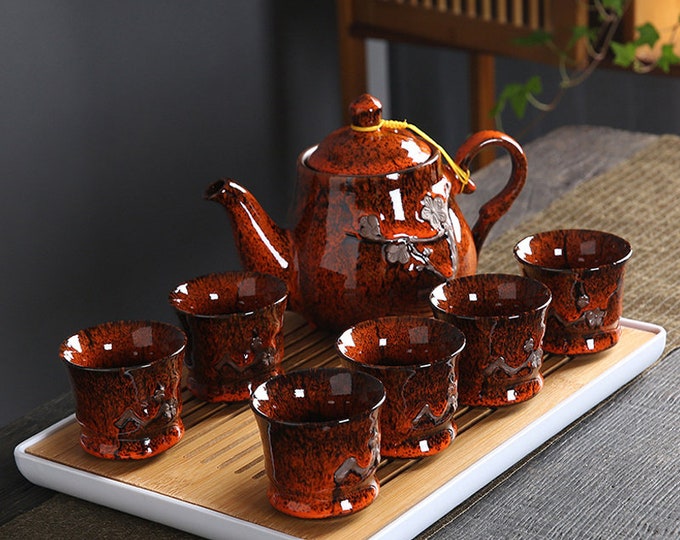 Embossed plum blossom ceramic tea set | Hand-painted gold teapot | Ceramic tea set | Ceramic flower tea | Tea party tea set