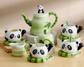 Panda-Tee-Set im chinesischen Stil|Handbemaltes Emaille-Keramik-Kaffee-Tee-Set|Tassen-Set|Keramik-Tee-Set|Neues Hochzeitsgeschenk|Individuelles Geschenk