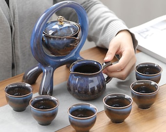 Creative semi-automatic tea set|Home lazy tea pot|Ceramic getaway tea brewer|Living room kung fu tea cup|Vintage tea set|Customized gifts