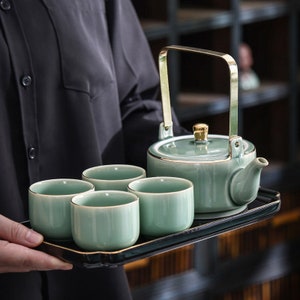 Ceramic Tea SetTea Set HomeSimple CeladonKung Fu Tea SetLuxury Gold Painting Tilting PotVintage Tea SetCustomized Gifts image 2