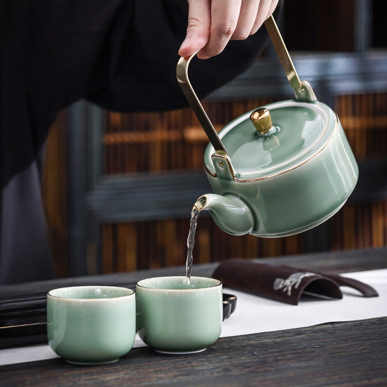 Ceramic Tea SetTea Set HomeSimple CeladonKung Fu Tea SetLuxury Gold Painting Tilting PotVintage Tea SetCustomized Gifts image 5