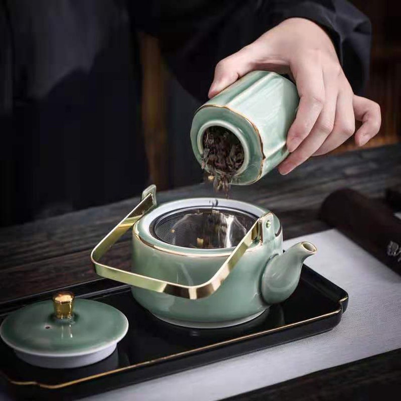 Ceramic Tea SetTea Set HomeSimple CeladonKung Fu Tea SetLuxury Gold Painting Tilting PotVintage Tea SetCustomized Gifts image 4