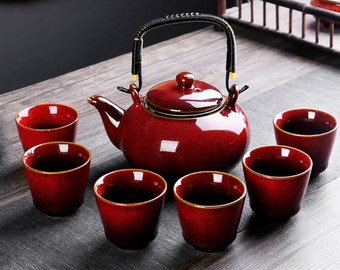 Red Tea Set|Home Teapot|Tea Mug|Ceramic Tea Set|Kiln Teapot|New Wedding Gift|Vintage Tea Set|Happy Housewarming