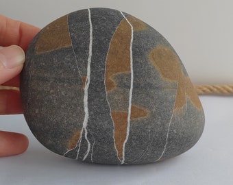 470 Gr, 10 cm  Brown white banded striped  sea stone, beach stone, pebble, sea stone, beach pebble, fishh tank stone, zen, terrarium art