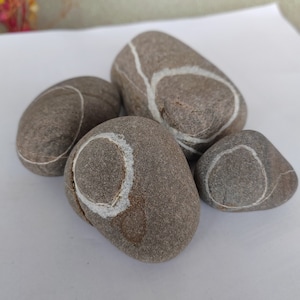4 pieces of round patterned beach stones, 4-8 cm, aquarium stone, white banded gardening, zen decor
