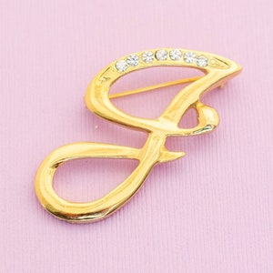 Broche de tono dorado con letra S de diamantes de imitación minimalista vintage HB9