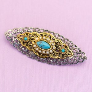 Vintage Mid Century Silver Tone Turquoise Multicolor Brooch HB16