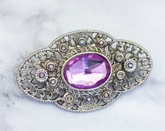 Vintage Art Deco Amethyst Gem Silver Tone Brooch - HB28