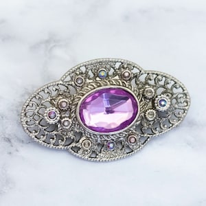 Vintage Art Deco Amethyst Gem Silver Tone Brooch - HB28