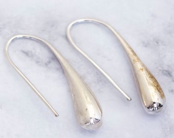 Vintage Curved Teardrop Seamless Sterling Silver Dangle Earrings HB24