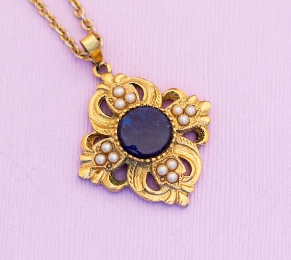 Vintage Victorian Gold Tone Gemstone Pendant Neck… - image 1
