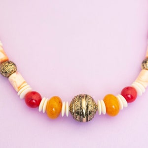 Vintage Boho Gold Tone Orange Multicolor Beaded Necklace 25 Inches HB22