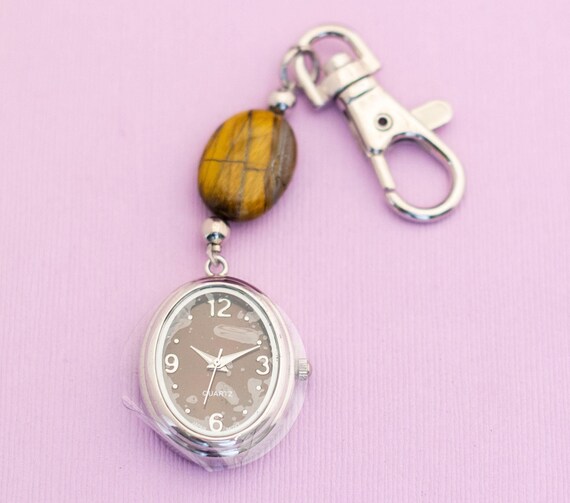 Vintage Silver Tone Brown Key Fob Watch HB18 - image 2