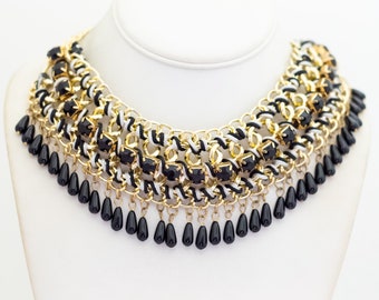 20 inch, Vintage Black Teardrop Beads Gold Tone Bib Necklace - HB29