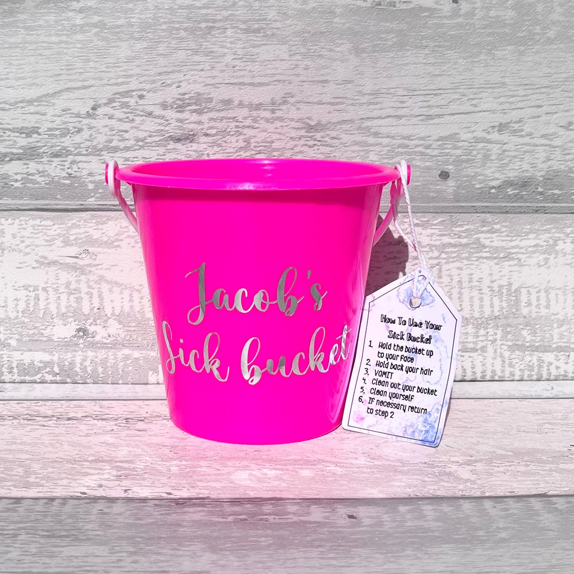 Personalised Sick Bucket with “How to” - Silver Text