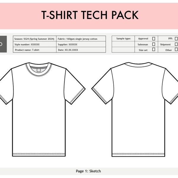 T-shirt TECH PACK Illustrator Photoshop Procreate Tabella delle taglie per la produzione del fornitore pronta