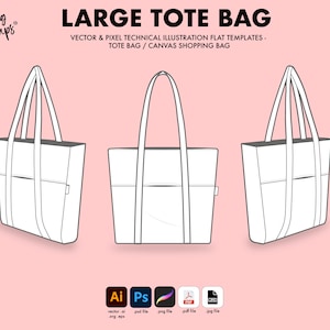 May include: Line drawing illustration of a large tote bag with two handles. The bag is shown in three different views: front, side, and back. The bag has a large pocket on the front.