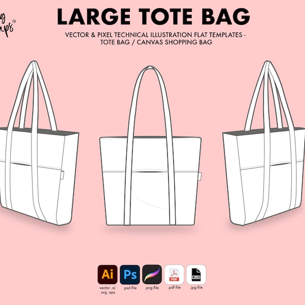Flat Technical Drawing - Tote bag canvas shopping bag template Procreate png illustrator ai Photoshop psd