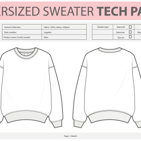 Oversized sweater TECH PACK illustrator Photoshop Procreate