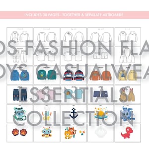 May include: A set of 30 fashion flat illustrations for boys' casual wear. The illustrations include various tops, bottoms, and accessories, such as hoodies, t-shirts, pants, and shorts. The illustrations are in black and white and feature a variety of designs, including graphic prints, stripes, and solid colors.