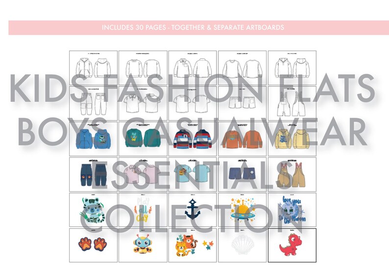 May include: A set of 30 fashion flat illustrations for boys' casual wear. The illustrations include various tops, bottoms, and accessories, such as hoodies, t-shirts, pants, and shorts. The illustrations are in black and white and feature a variety of designs, including graphic prints, stripes, and solid colors.