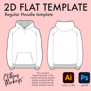 May include: A white hoodie template with a front and back view. The template is in a flat style and is suitable for use in design projects. The image includes the text "2D FLAT TEMPLATE" and "Regular Hoodie template".