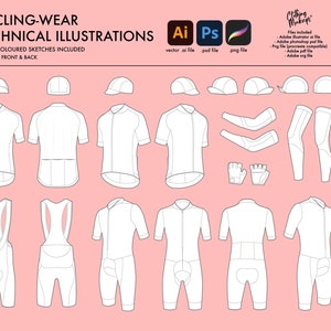 Cycling apparel technical illustrations tech pack cad mockup illustrator photoshop