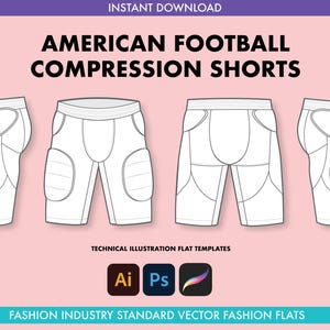 May include: White technical illustration of American football compression shorts. The image shows front and side views of the shorts, with padding details. Text includes "AMERICAN FOOTBALL COMPRESSION SHORTS" and "INSTANT DOWNLOAD".
