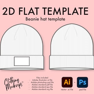 Può includere: Un modello piatto 2D per un berretto. Il modello è in bianco e nero e mostra la parte anteriore e posteriore del berretto. Il modello è per l'uso in Adobe Illustrator e Photoshop.