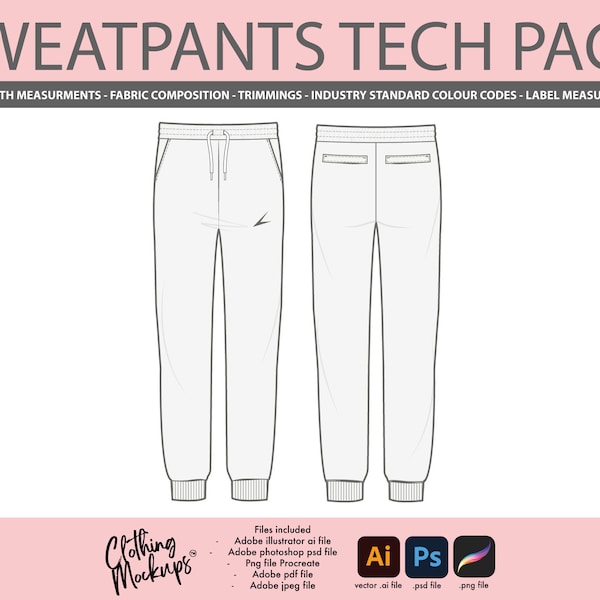 Sweatpants Joggers TECH-PACK illustrator Photoshop Procreate size chart technical drawing fashion design file