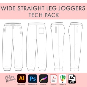 May include: Technical drawing of wide straight leg joggers, displayed from multiple angles. The design includes a drawstring waistband, pockets, and ribbed cuffs. The image also features software icons for Adobe Illustrator, Photoshop, and other design programs.