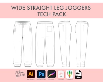 May include: Technical illustration of wide straight leg joggers, shown from various perspectives. The design features a drawstring waist, pockets, and ribbed cuffs. The image includes software icons for Adobe Illustrator, Photoshop, and other design programs.