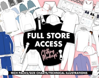 Puede incluir: Un collage de maquetas de ropa, que incluye camisetas, sudaderas con capucha, sudaderas, pantalones, chaquetas y gorras. El texto "FULL STORE ACCESS" está en el centro de la imagen. El texto "Clothing Mockups" está debajo del texto "FULL STORE ACCESS". El texto "TECH PACKS/SIZE CHARTS/TECHNICAL ILLUSTRATIONS" está en la parte inferior de la imagen.