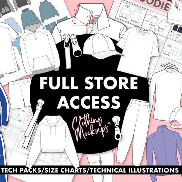 Complete store access fashion design tech pack vector illustration streetwear drawing apparel mockup art template digital fashion sketch